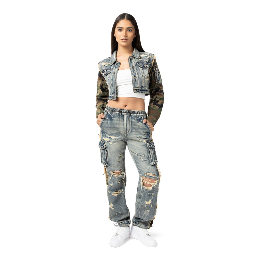 Smoke Rise RED Mix Media Cropped Jean Jacket - Florence Blue