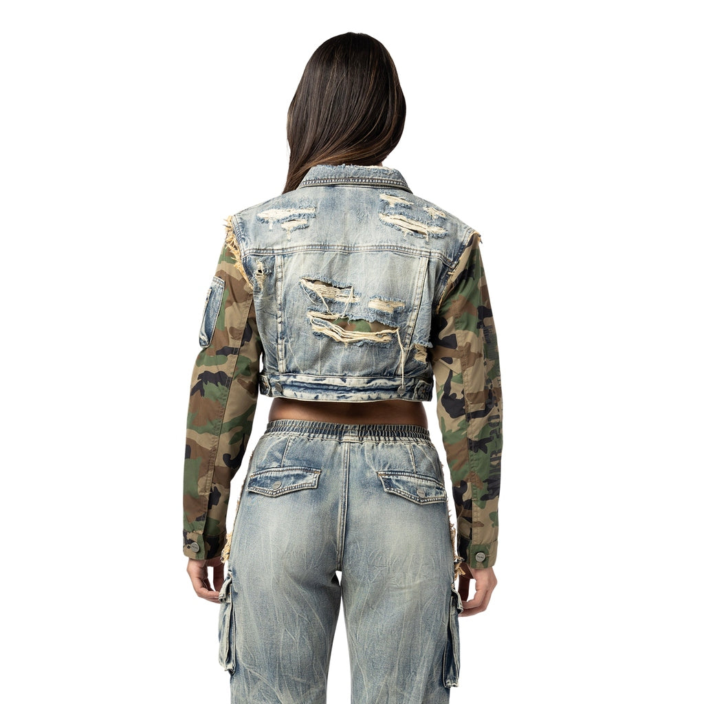 Smoke Rise RED Mix Media Cropped Jean Jacket - Florence Blue