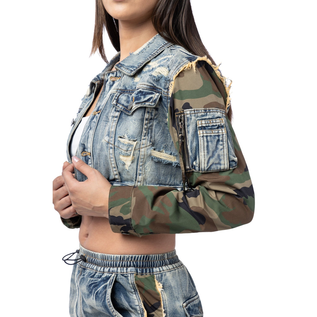 Smoke Rise RED Mix Media Cropped Jean Jacket - Florence Blue