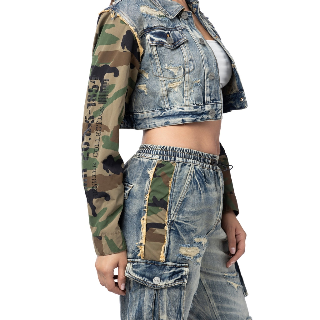 Smoke Rise RED Mix Media Cropped Jean Jacket - Florence Blue