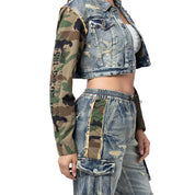 Smoke Rise RED Mix Media Cropped Jean Jacket - Florence Blue