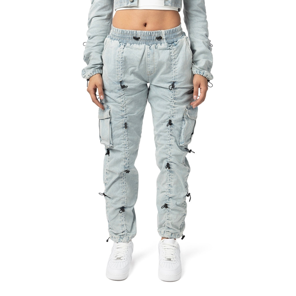 Smoke Rise RED High Rise Multi Bungee Cargo Denim Joggers - Speckle Blue