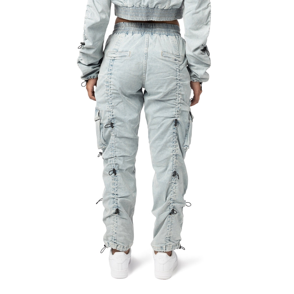 Smoke Rise RED High Rise Multi Bungee Cargo Denim Joggers - Speckle Blue