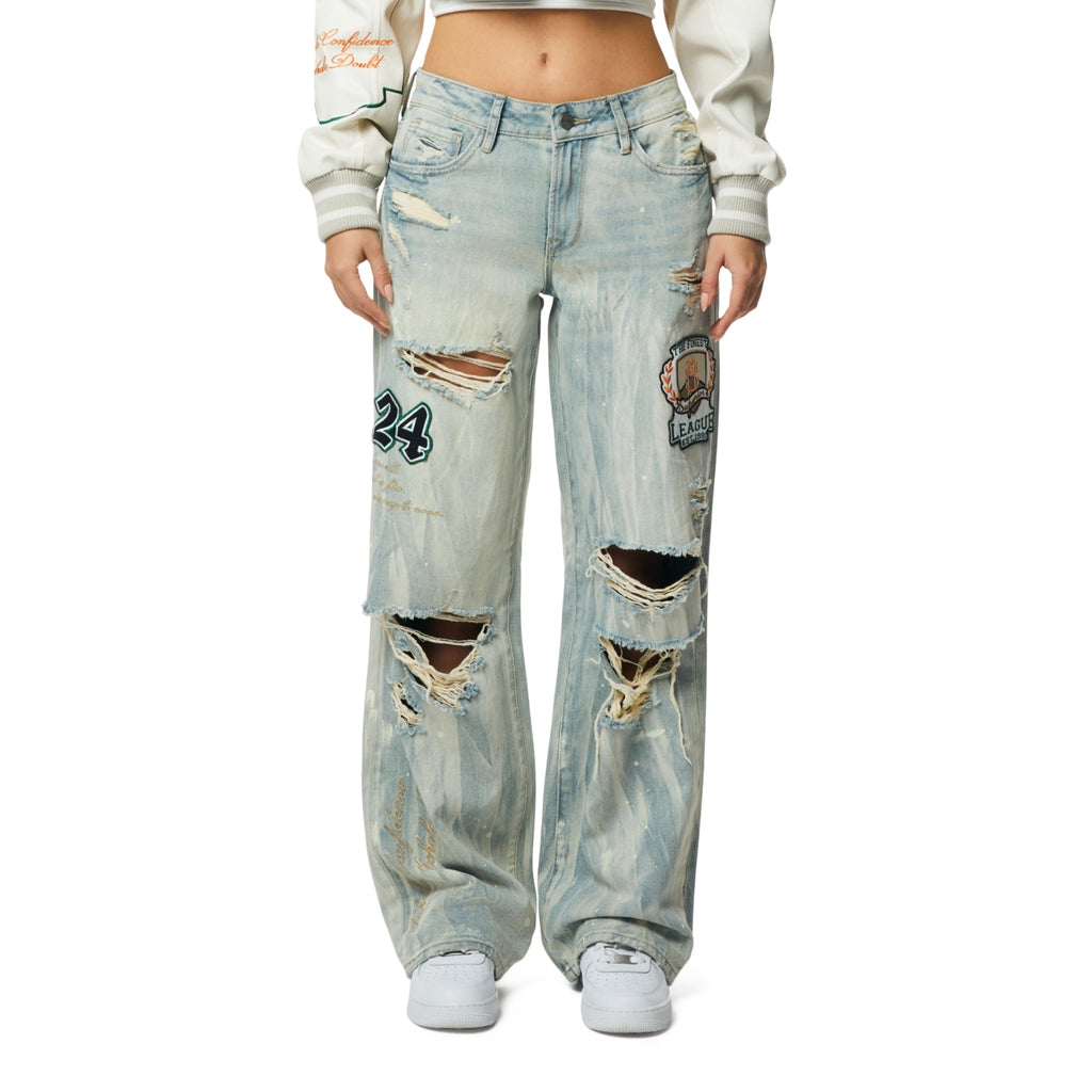 Smoke Rise RED Mid Rise Patched Wide Leg Denim Jeans - Leo Blue