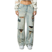 Smoke Rise RED Mid Rise Patched Wide Leg Denim Jeans - Leo Blue