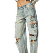 Smoke Rise RED Mid Rise Patched Wide Leg Denim Jeans - Leo Blue