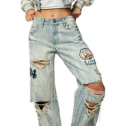 Smoke Rise RED Mid Rise Patched Wide Leg Denim Jeans - Leo Blue