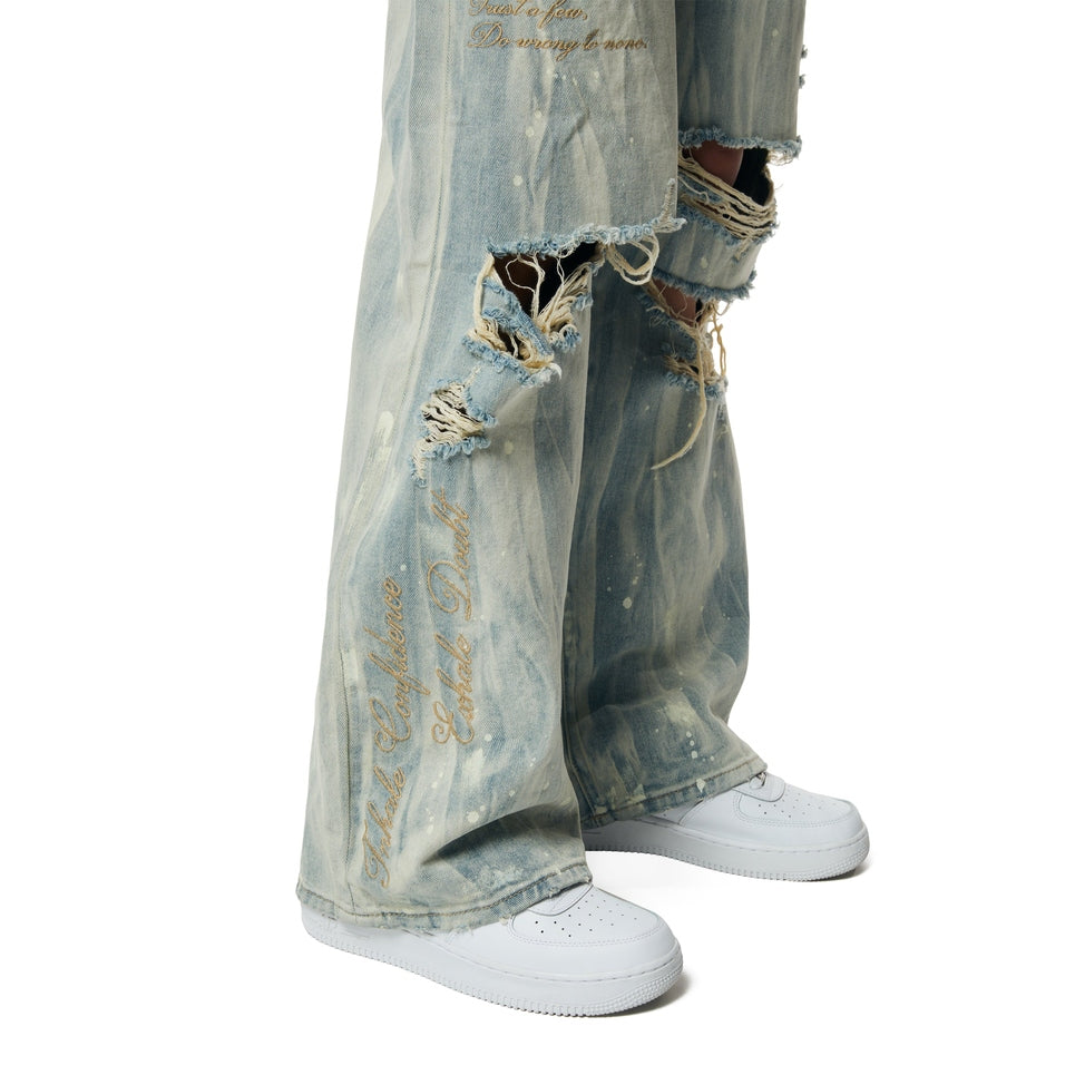 Smoke Rise RED Mid Rise Patched Wide Leg Denim Jeans - Leo Blue