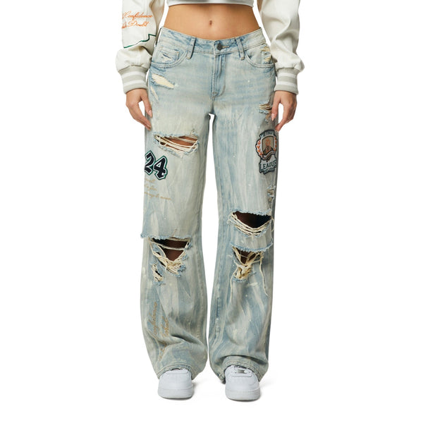 【BAON】Rikkoni Ribbon Wide Denim Pants Tcremisa Womens Fashion Bow Knot Distressed Jeans High Waist