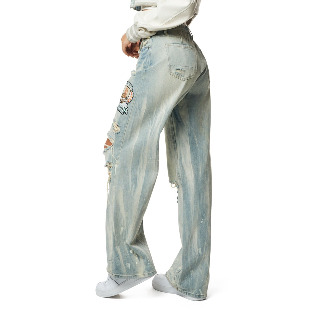 Smoke Rise RED Mid Rise Patched Wide Leg Denim Jeans - Leo Blue
