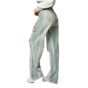 Smoke Rise RED Mid Rise Patched Wide Leg Denim Jeans - Leo Blue
