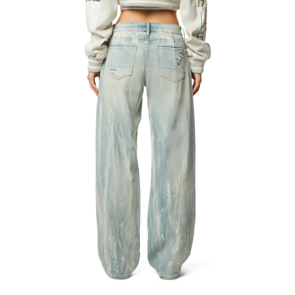 Smoke Rise RED Mid Rise Patched Wide Leg Denim Jeans - Leo Blue