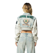 Smoke Rise RED Cropped Varsity Jean Jacket - Leo Blue