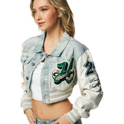 Smoke Rise RED Cropped Varsity Jean Jacket - Leo Blue