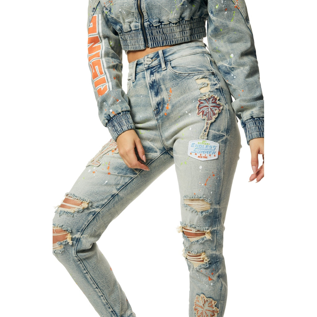Smoke Rise RED High Rise Racing Slim Skinny Denim Jeans - Alpine Blue