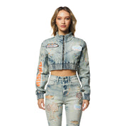 Smoke Rise RED Racing Cropped Jean Jacket - Alpine Blue