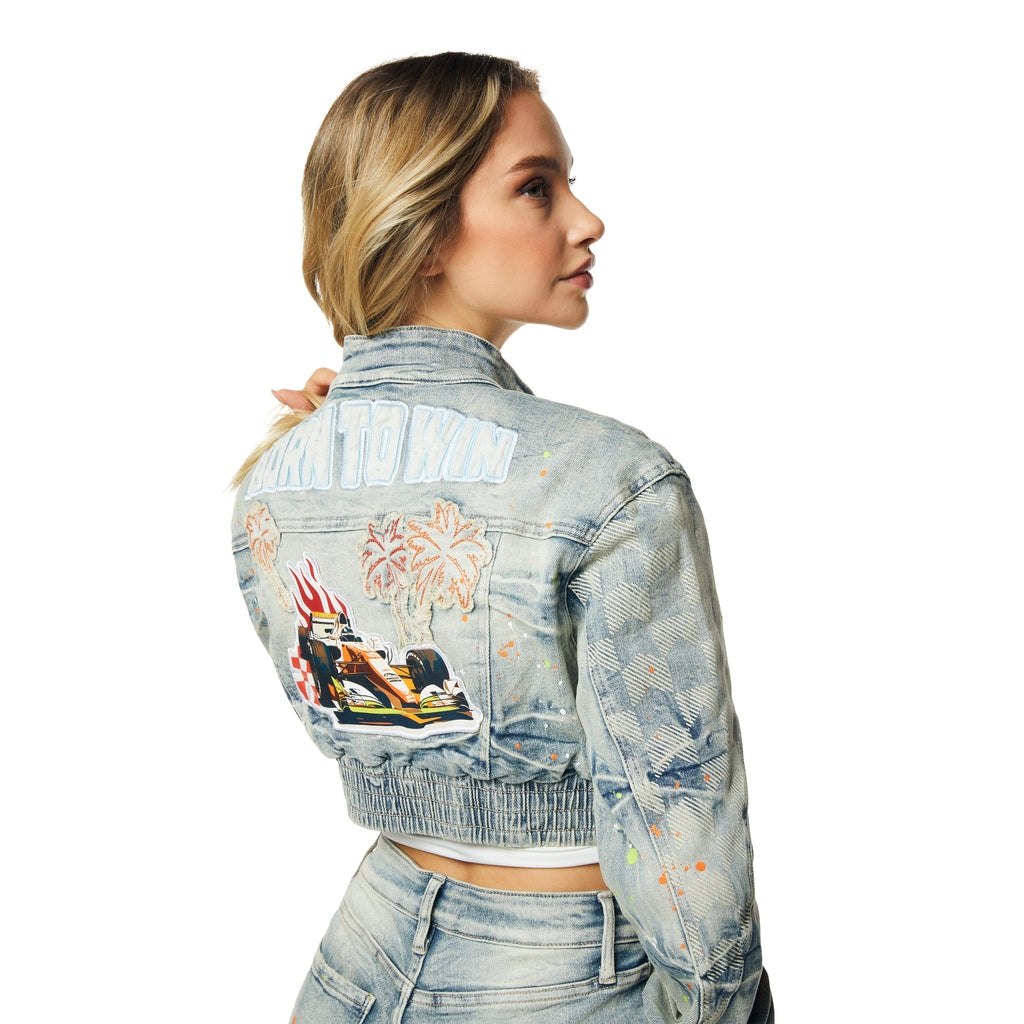 Smoke Rise RED Racing Cropped Jean Jacket - Alpine Blue