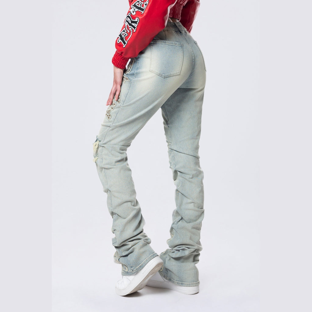 Smoke Rise RED High Rise Stacked Western Jeans - Milky Blue