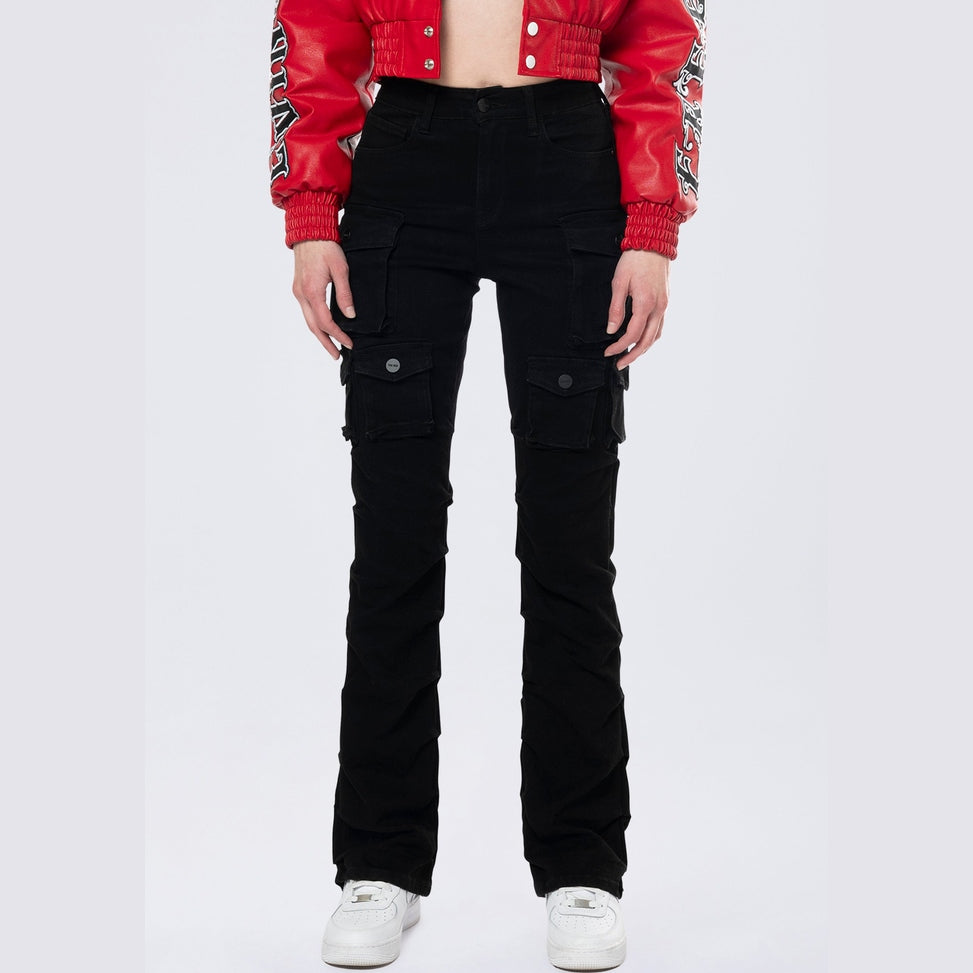 Smoke Rise RED High Rise Stacked Cargo Jeans - Deep Black