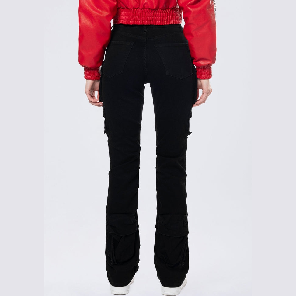 Smoke Rise RED High Rise Stacked Cargo Jeans - Deep Black