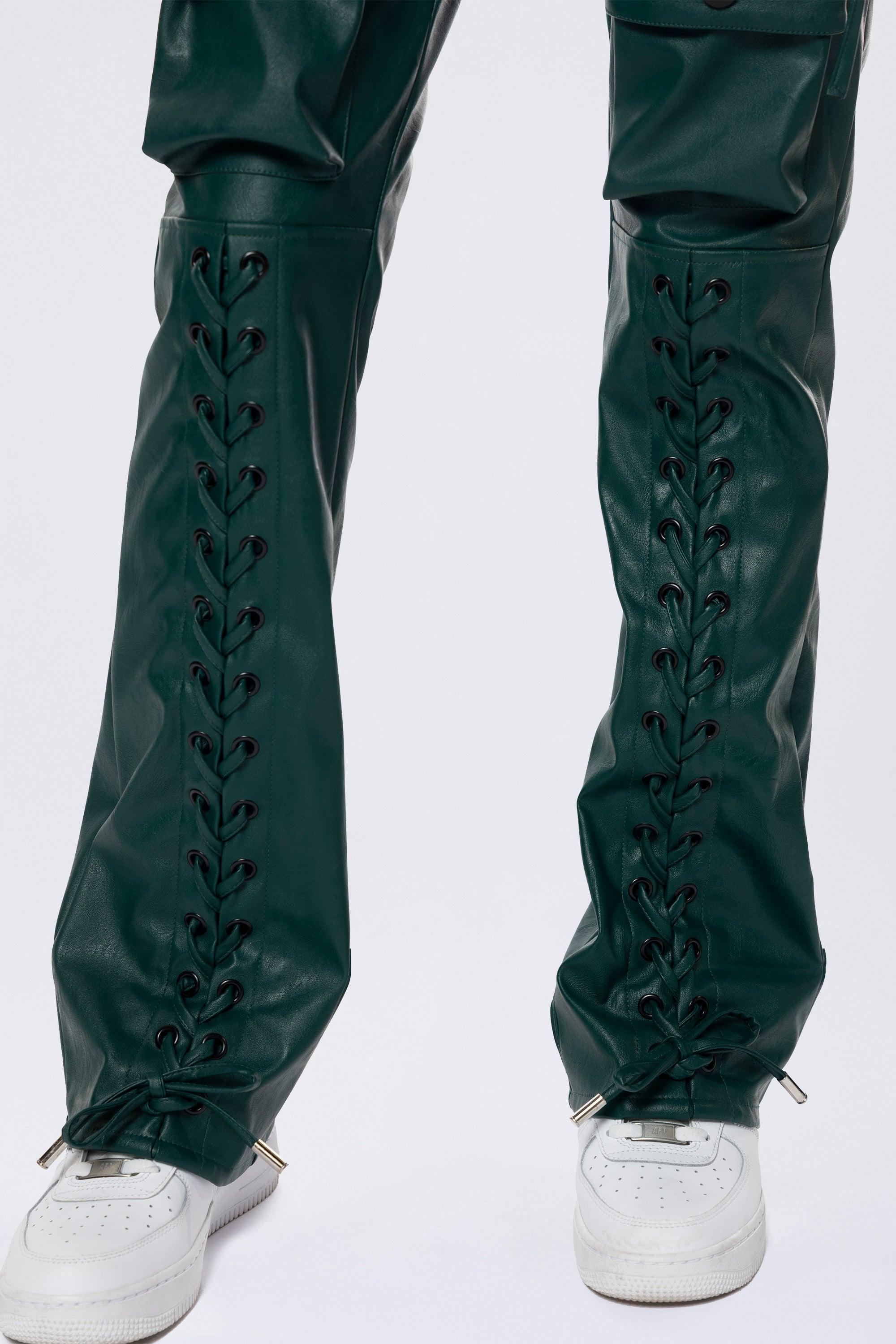 Utility Laced Vegan Leather Pants - Oxidized Green