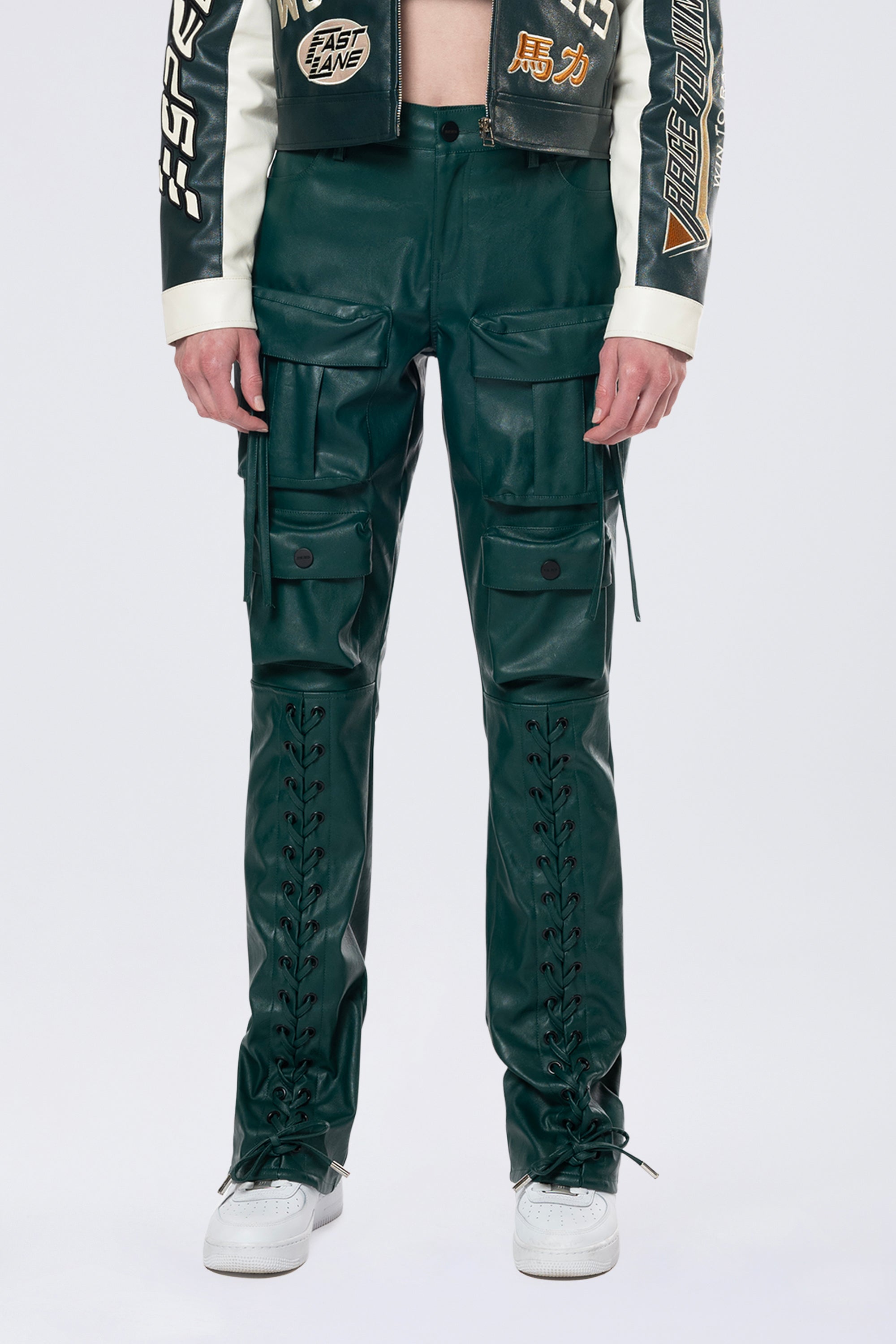 Utility Laced Vegan Leather Pants - Oxidized Green