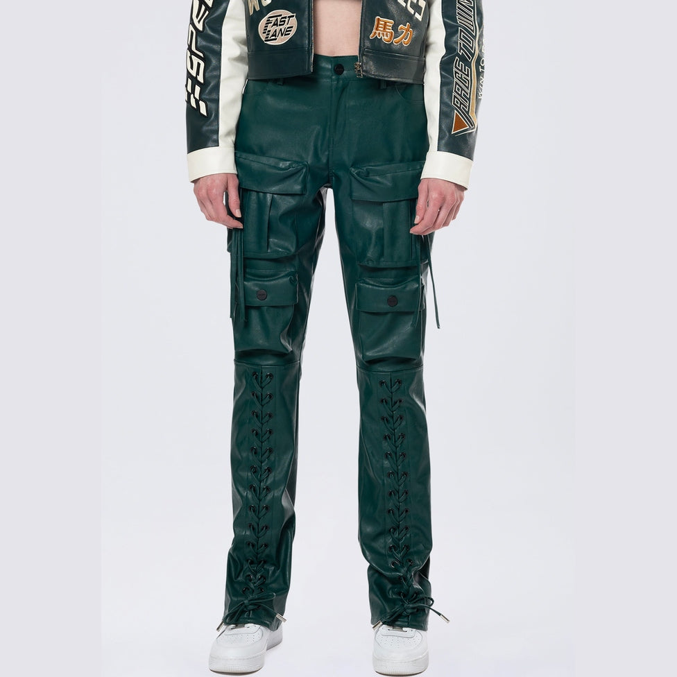Smoke Rise RED Utility Laced Vegan Leather Pants - Oxidized Green