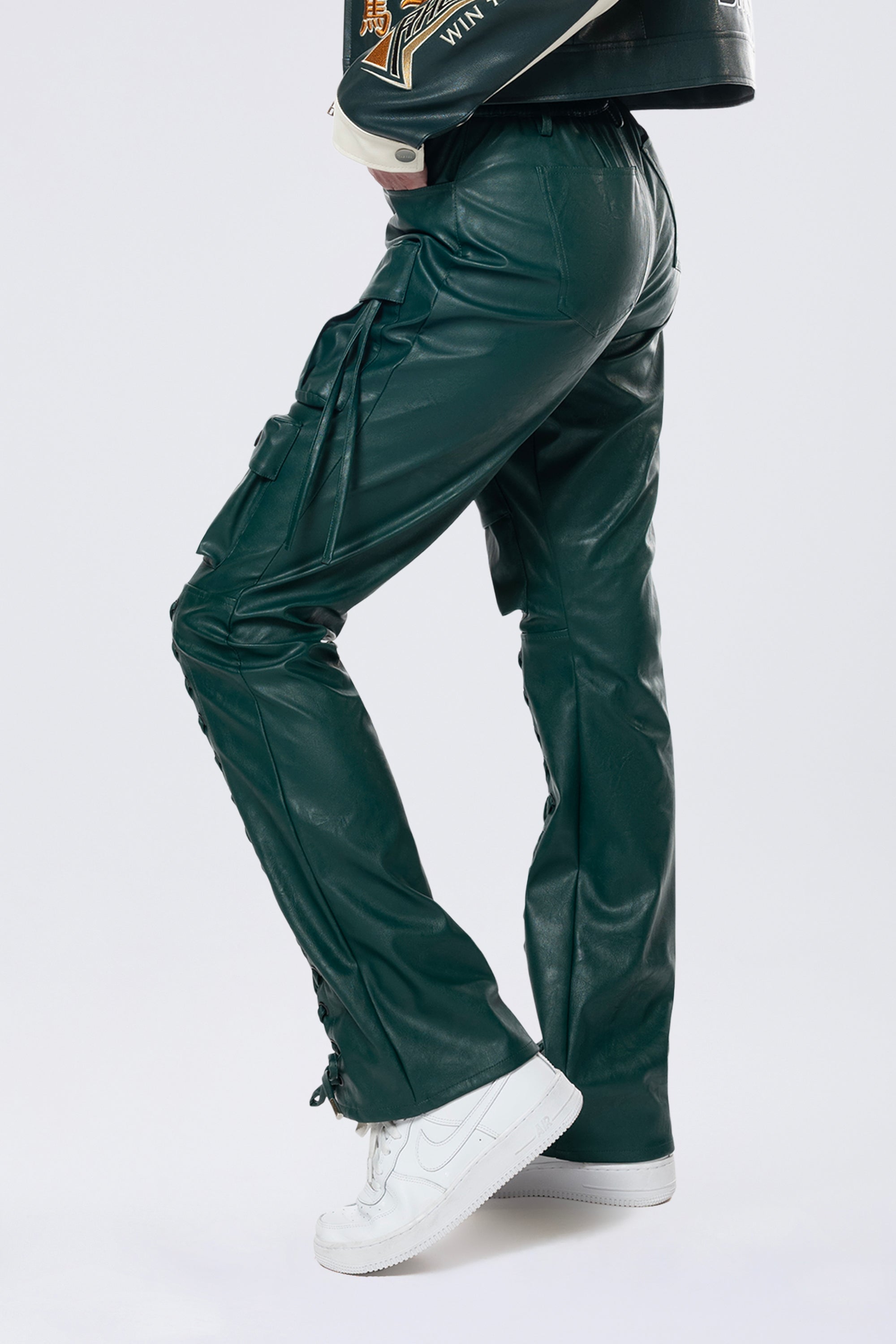 Utility Laced Vegan Leather Pants - Oxidized Green