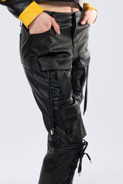 Utility Laced Vegan Leather Pants - Black