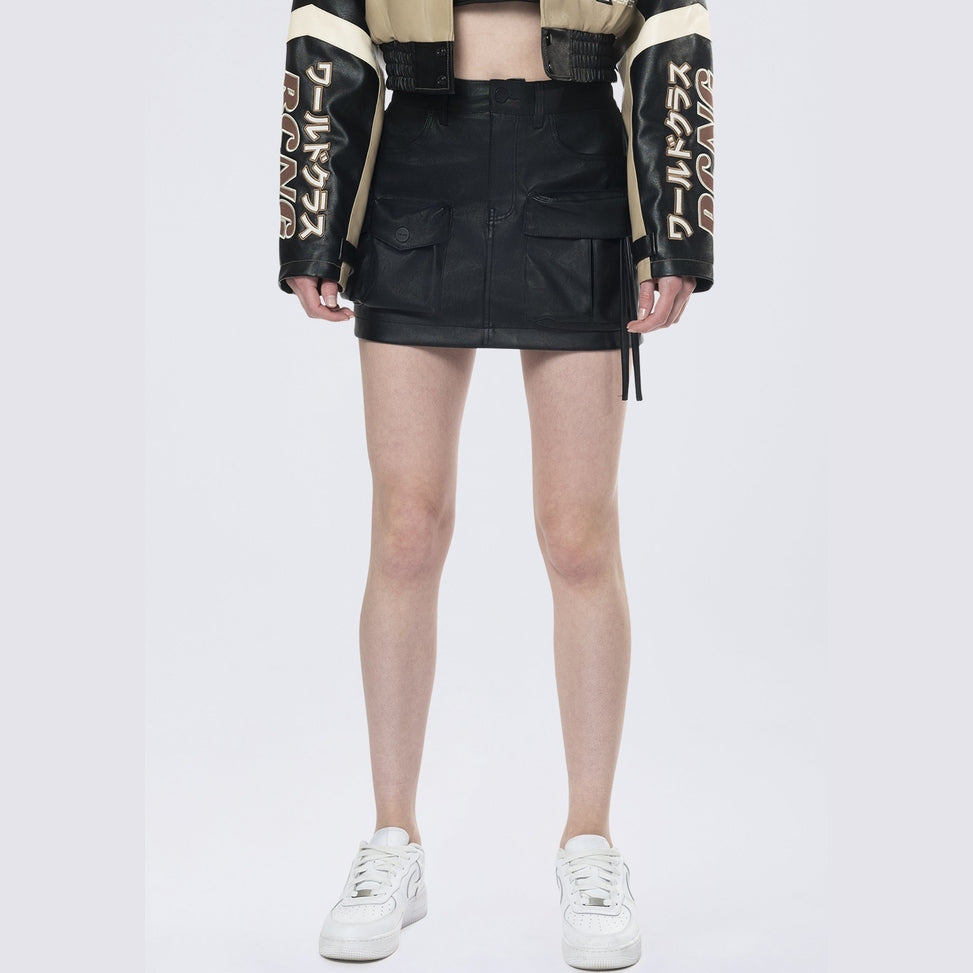 Smoke Rise RED Utility Vegan Leather Mini Skirt - Black