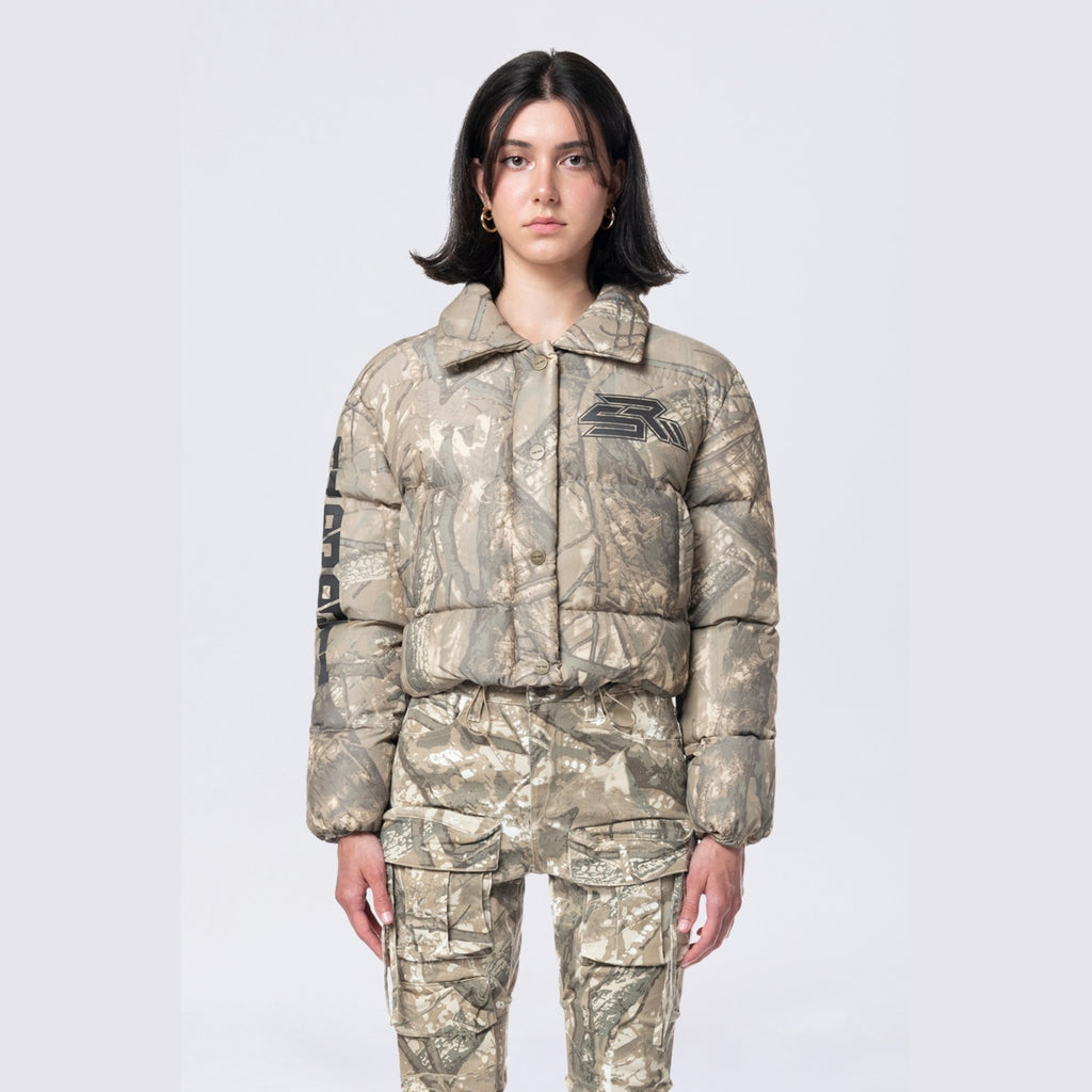 Smoke Rise RED Patched Puffer Jacket - Khaki Hunting Camo