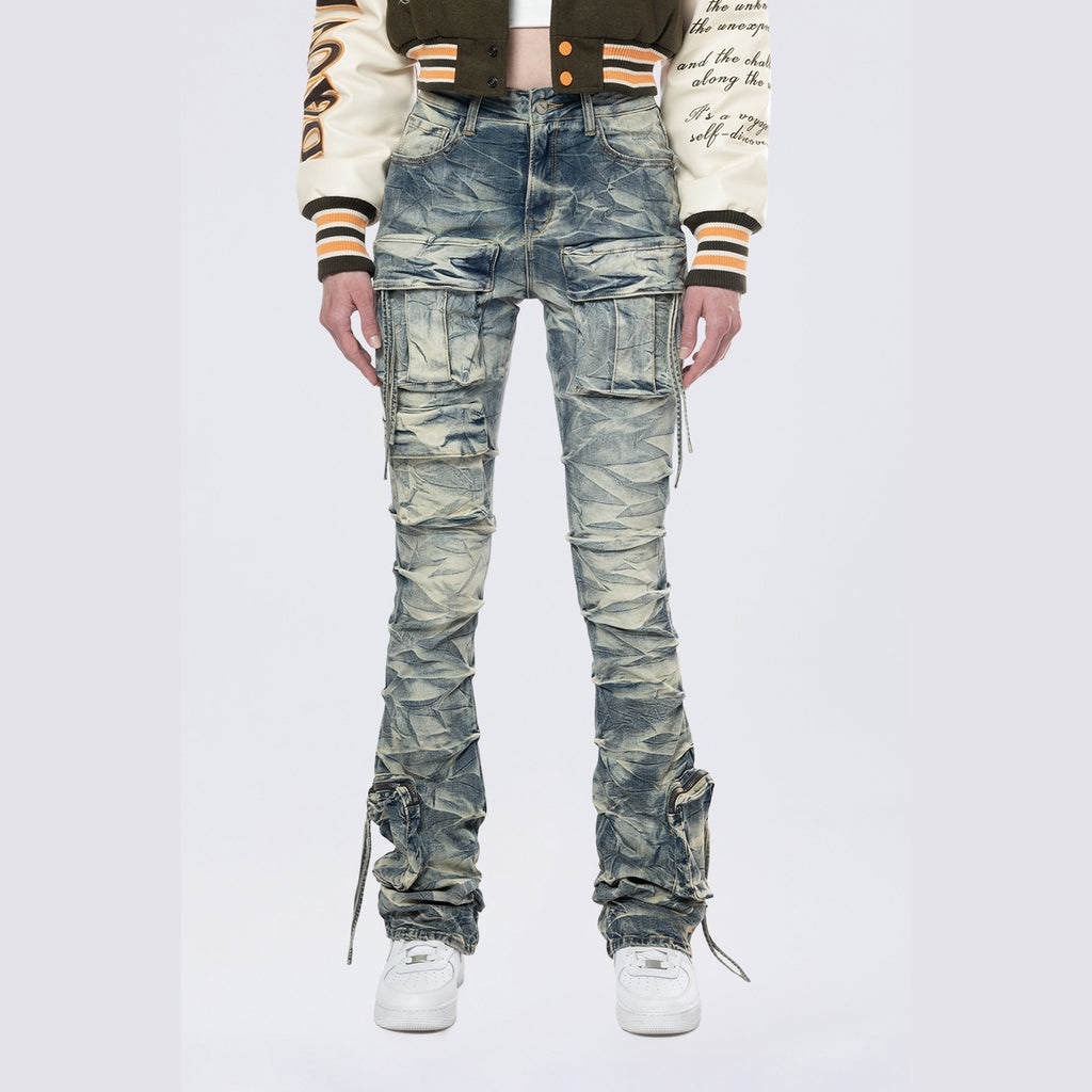 Smoke Rise RED High Rise Stacked Cargo Jeans - Blue Toast