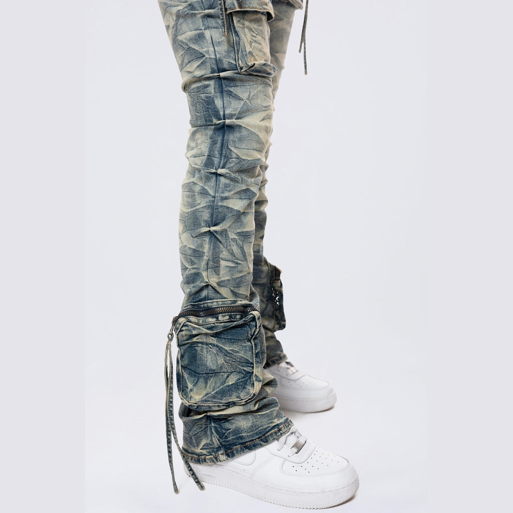 Smoke Rise RED High Rise Stacked Cargo Jeans - Blue Toast