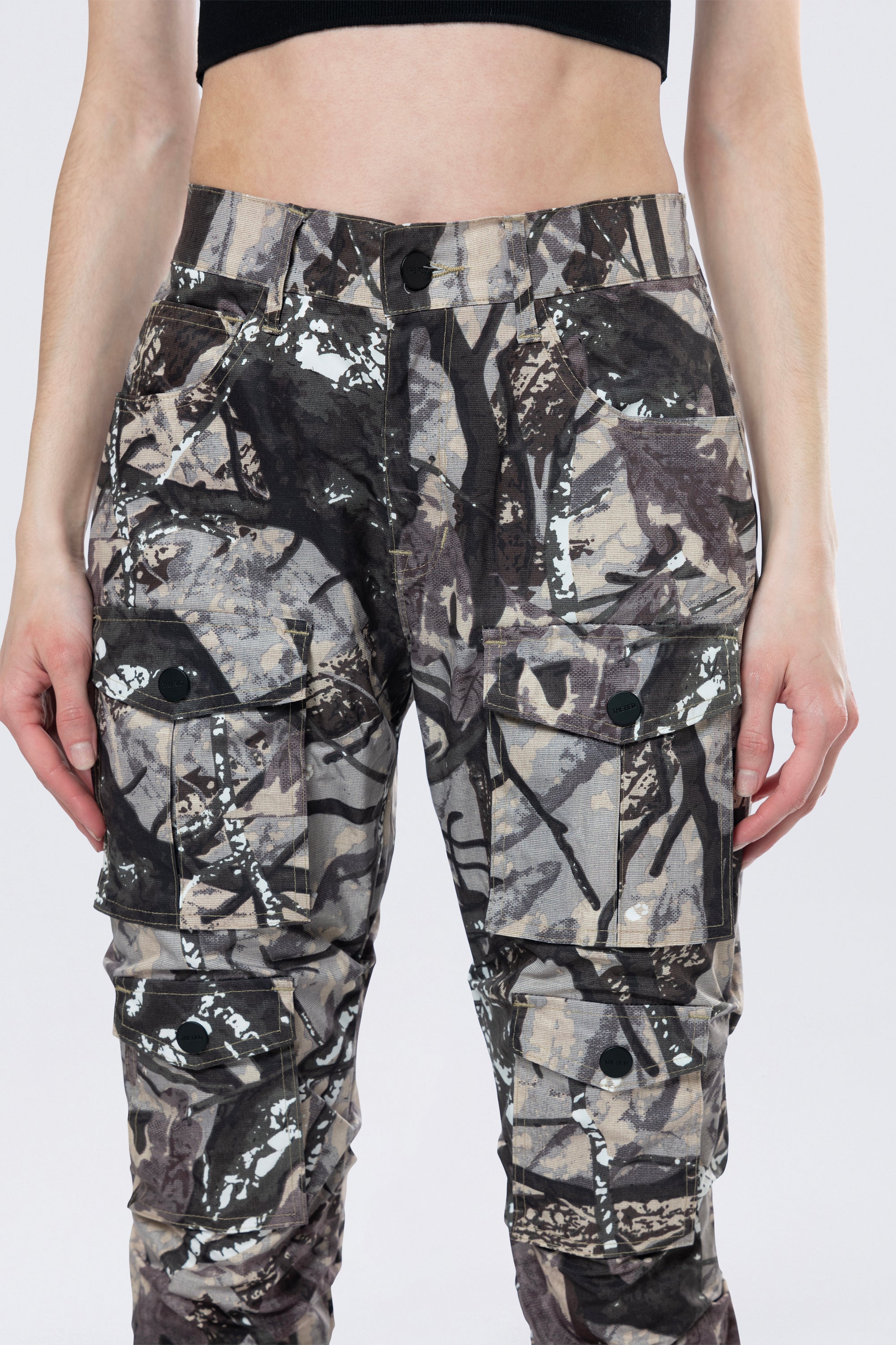 High Rise Stacked Utility Pants - Olive Hunting Camo