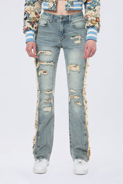 High Rise Tapestry Bootcut Jeans - Alpine Blue