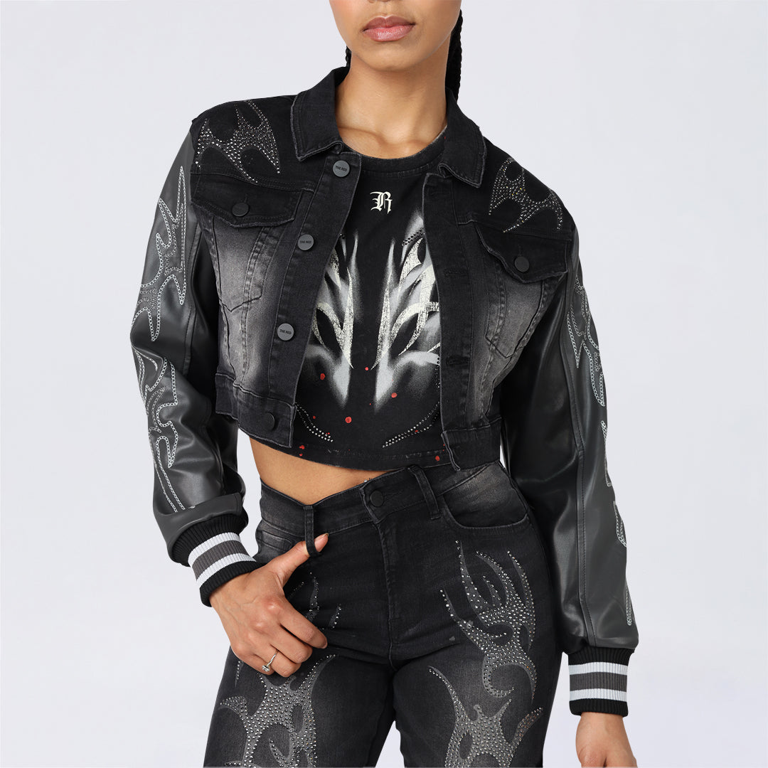 Cropped Rhinestone Trucker Jean Jacket - Gail Black