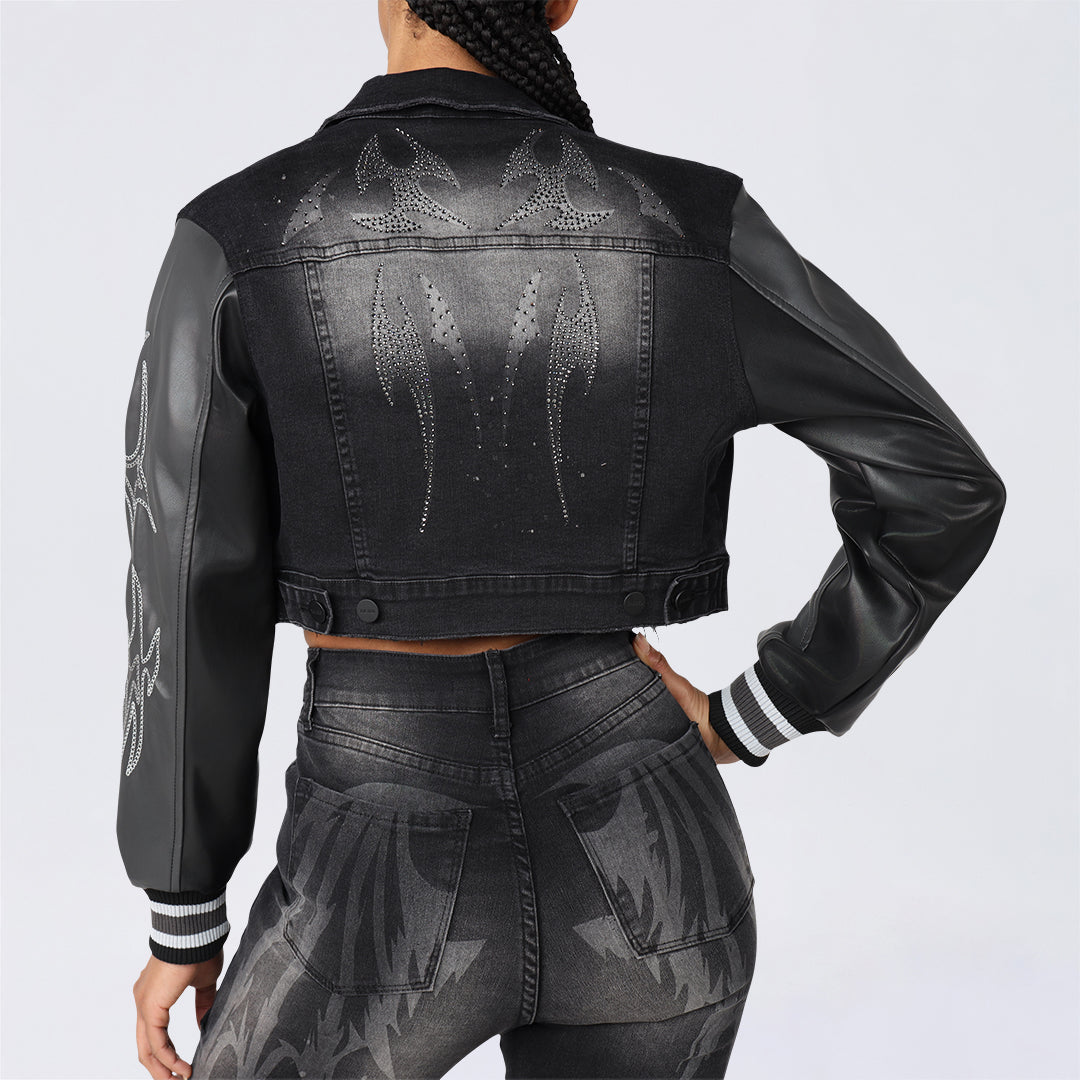 Cropped Rhinestone Trucker Jean Jacket - Gail Black