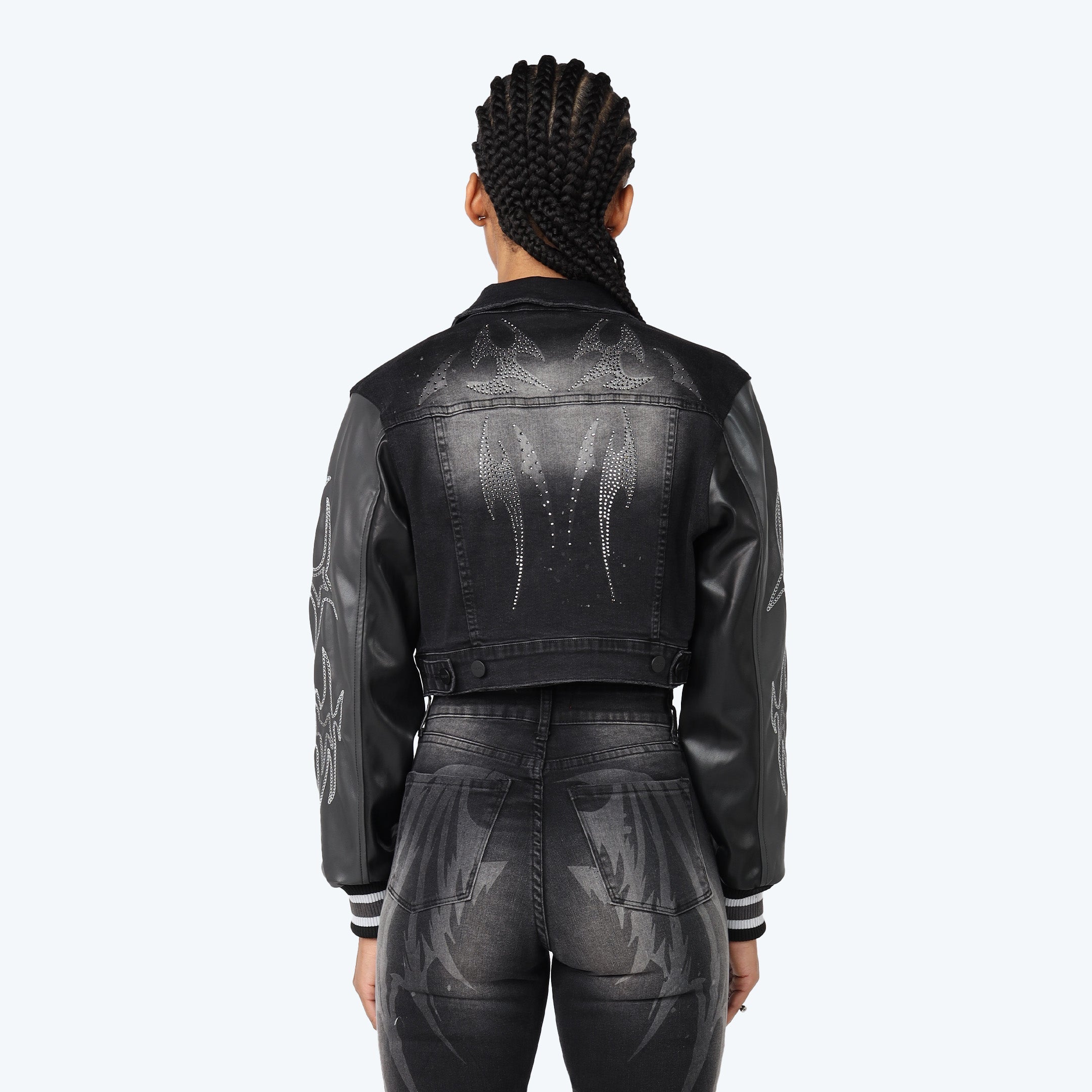 Cropped Rhinestone Trucker Jean Jacket - Gail Black