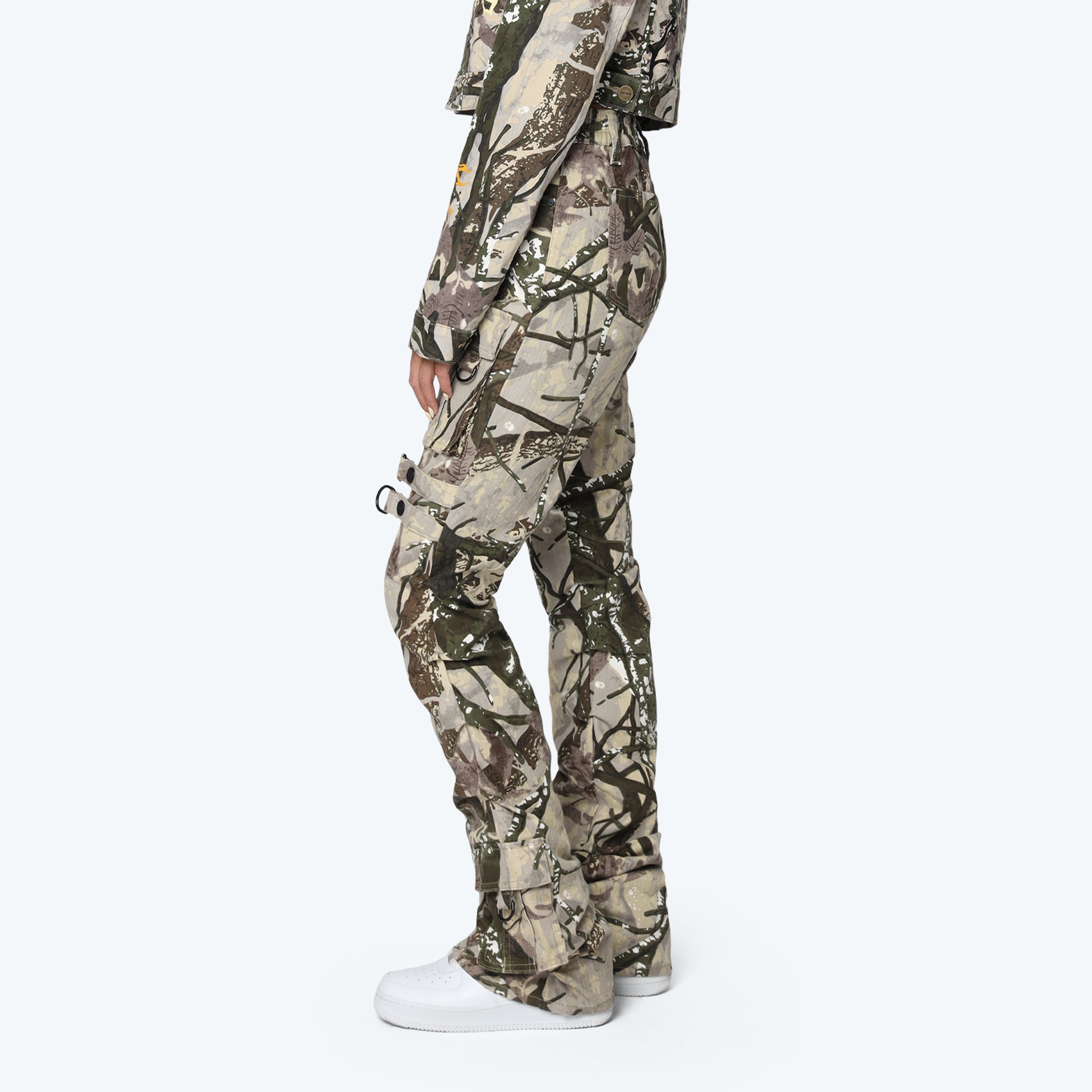 High Rise Side Pinched Stacked Pants - Olive Hunting Camo