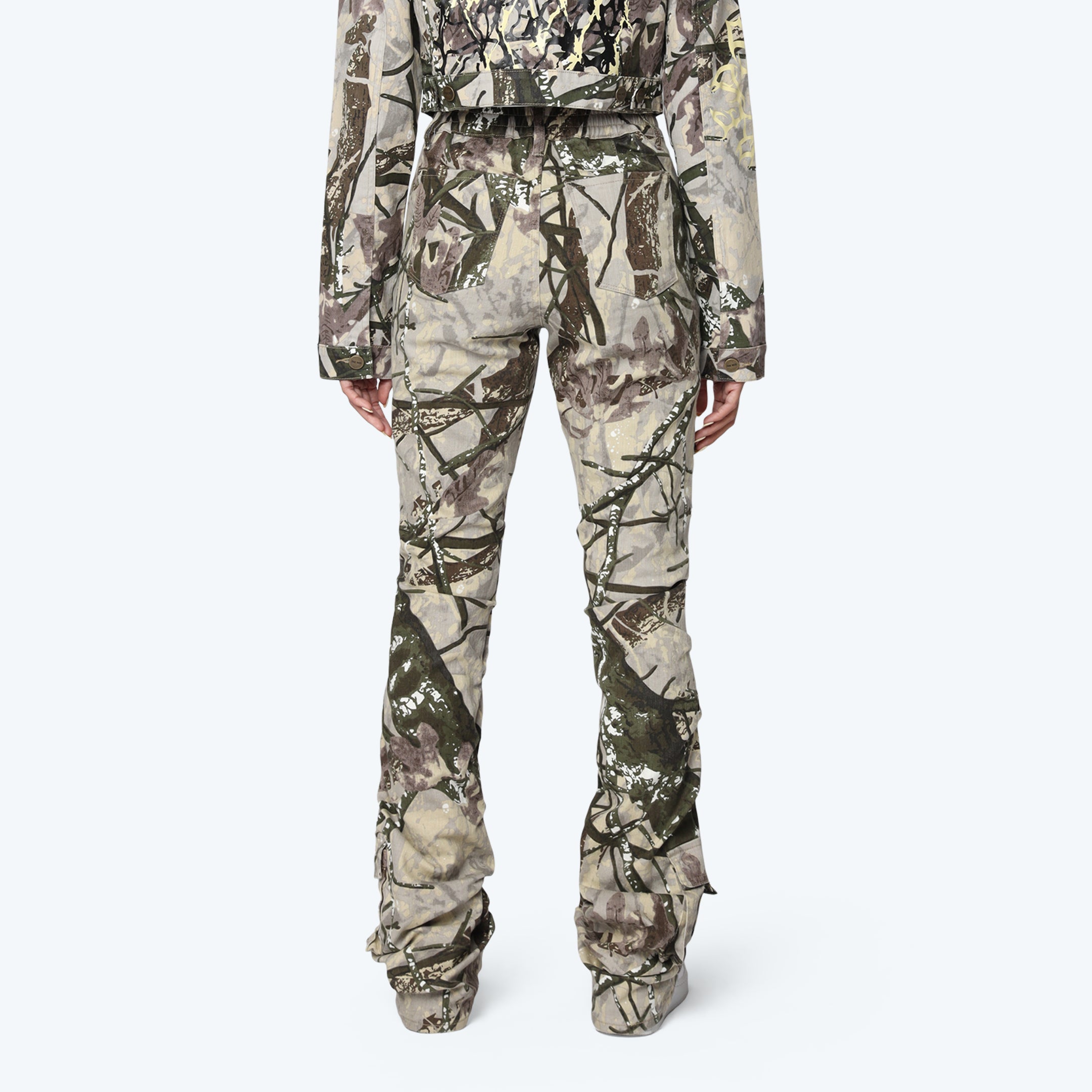 High Rise Side Pinched Stacked Pants - Olive Hunting Camo