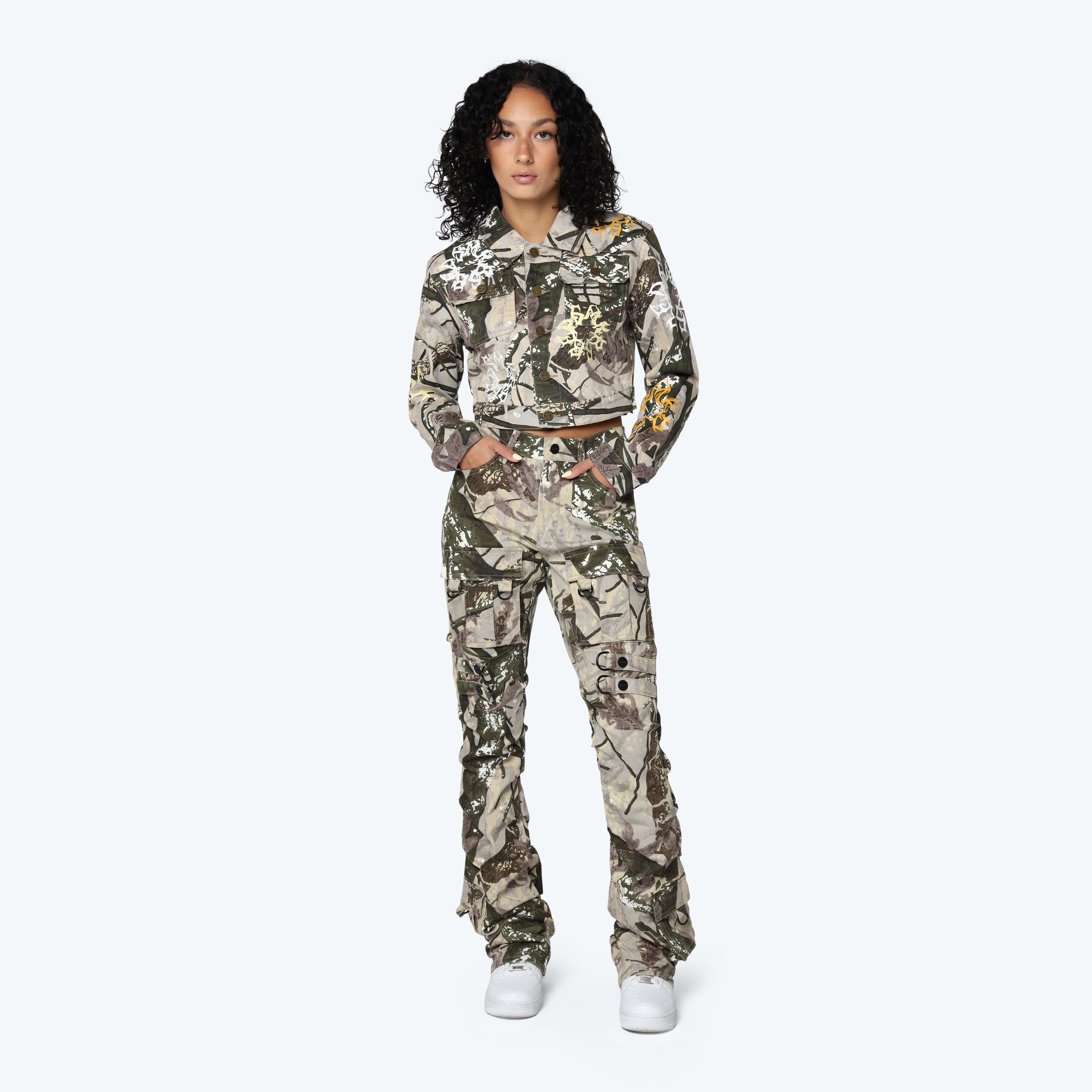High Rise Side Pinched Stacked Pants - Olive Hunting Camo
