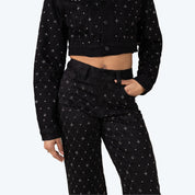 Mid Rise Wide Leg Rhinestone Jeans