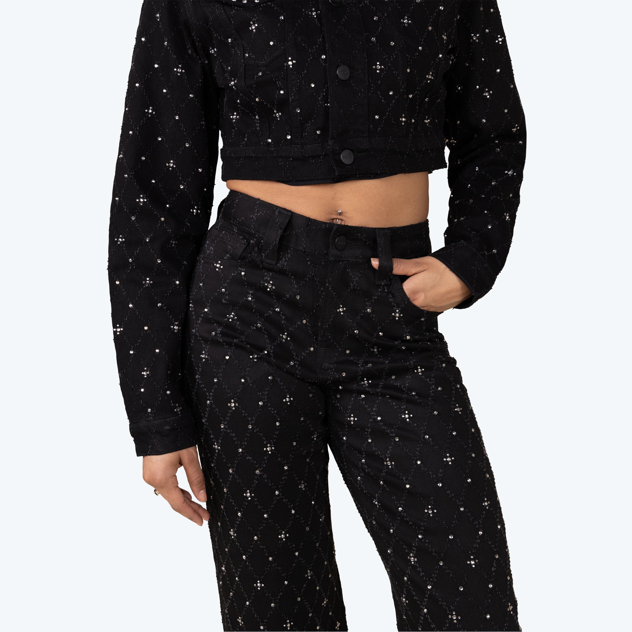 Mid Rise Wide Leg Rhinestone Jeans