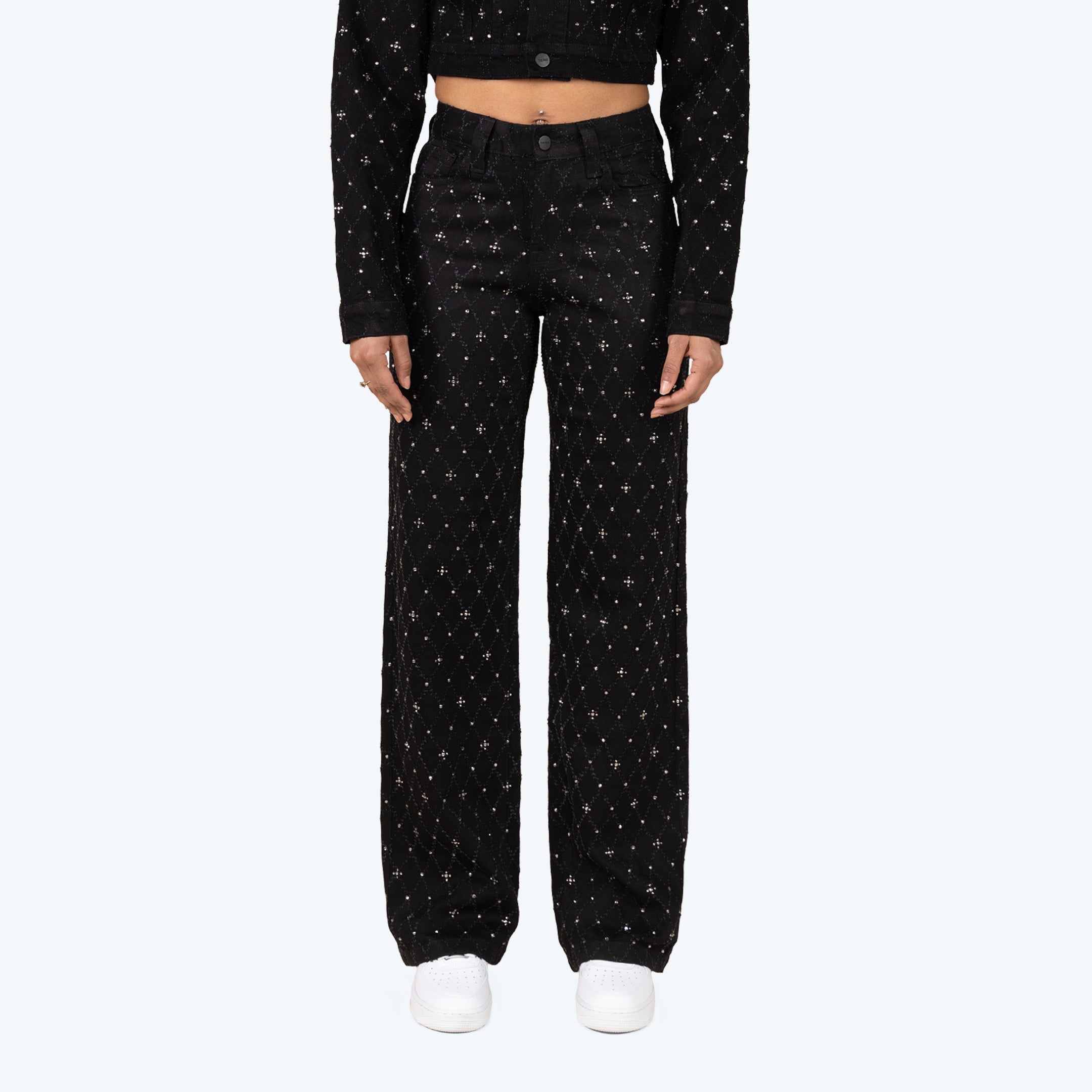 Mid Rise Wide Leg Rhinestone Jeans