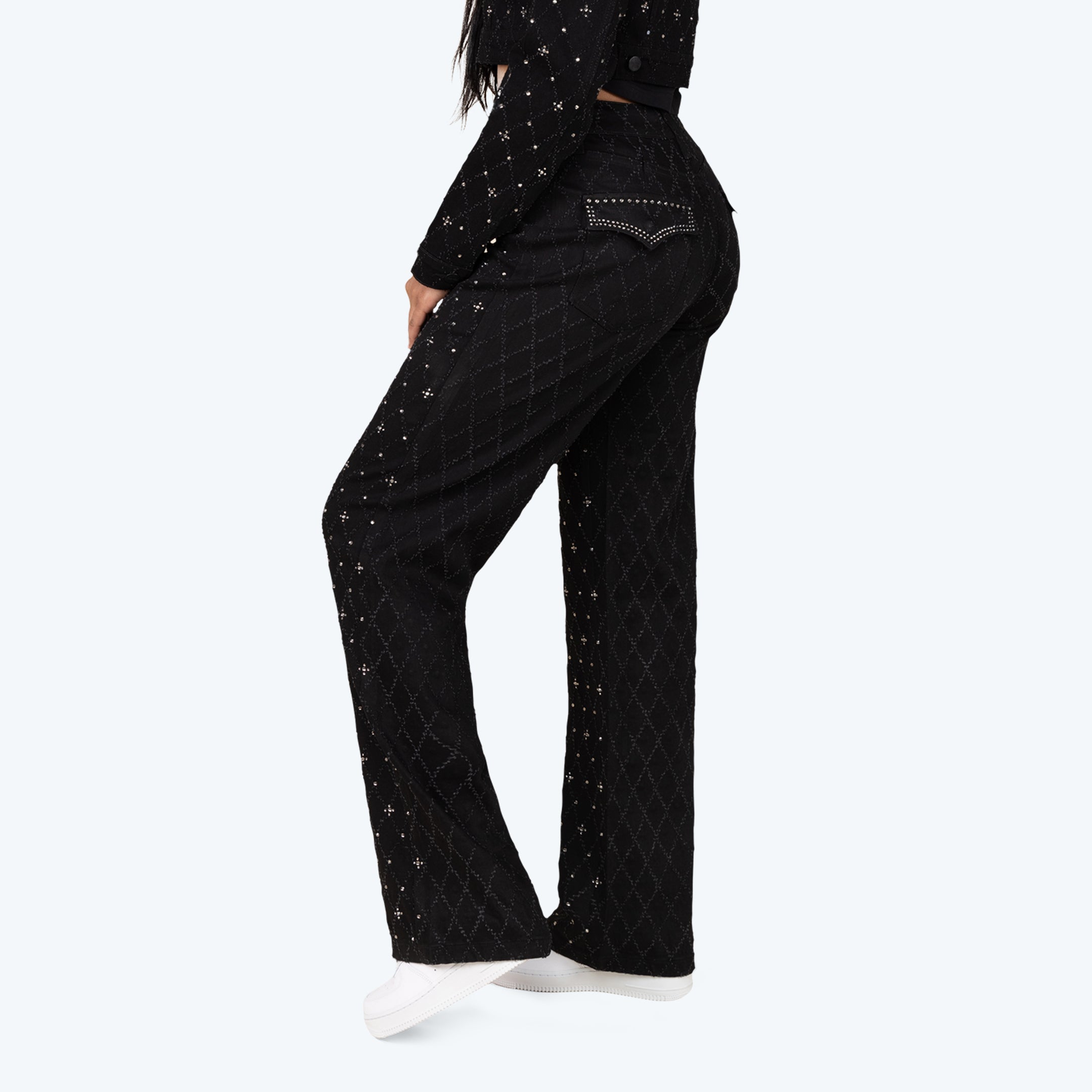 Mid Rise Wide Leg Rhinestone Jeans