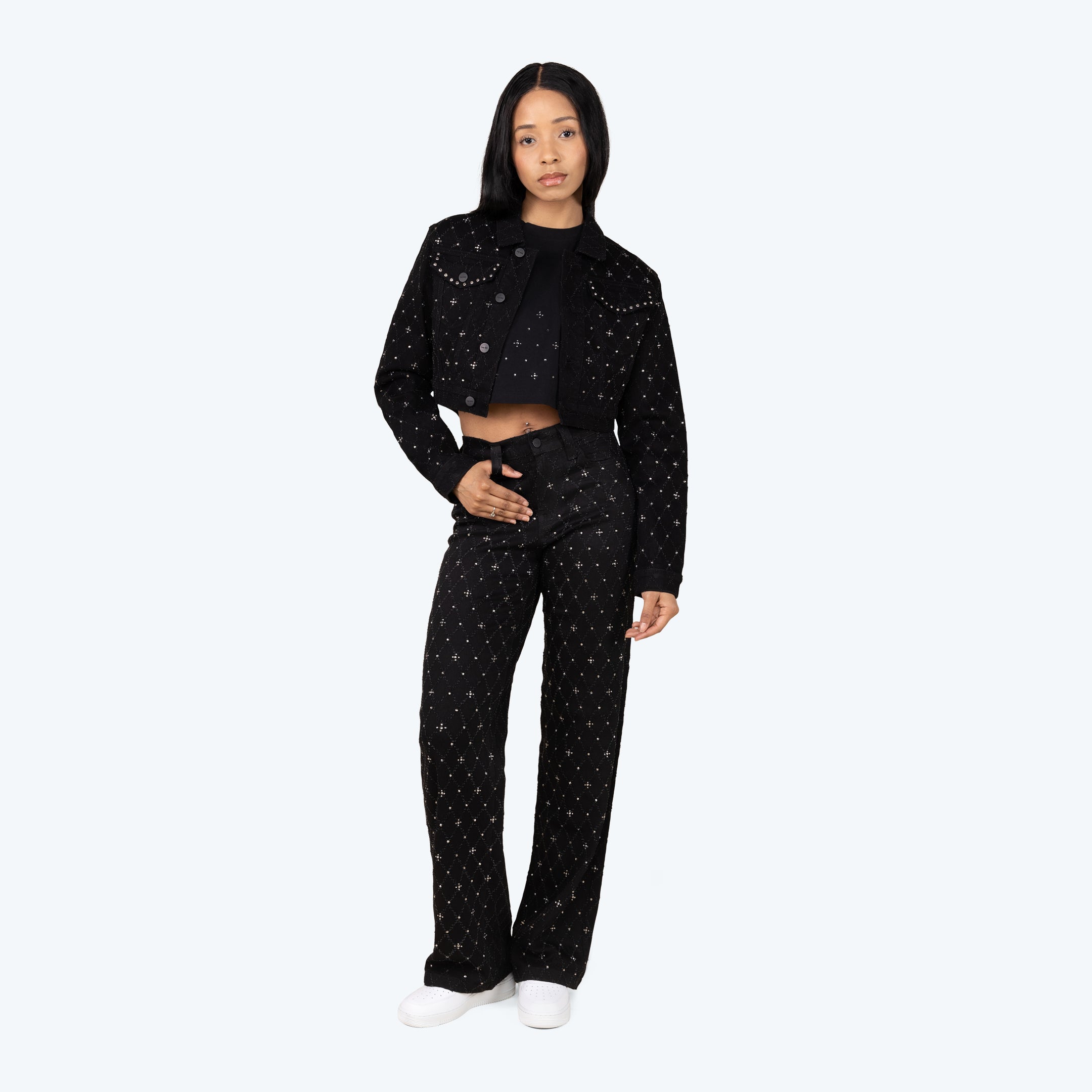 Mid Rise Wide Leg Rhinestone Jeans