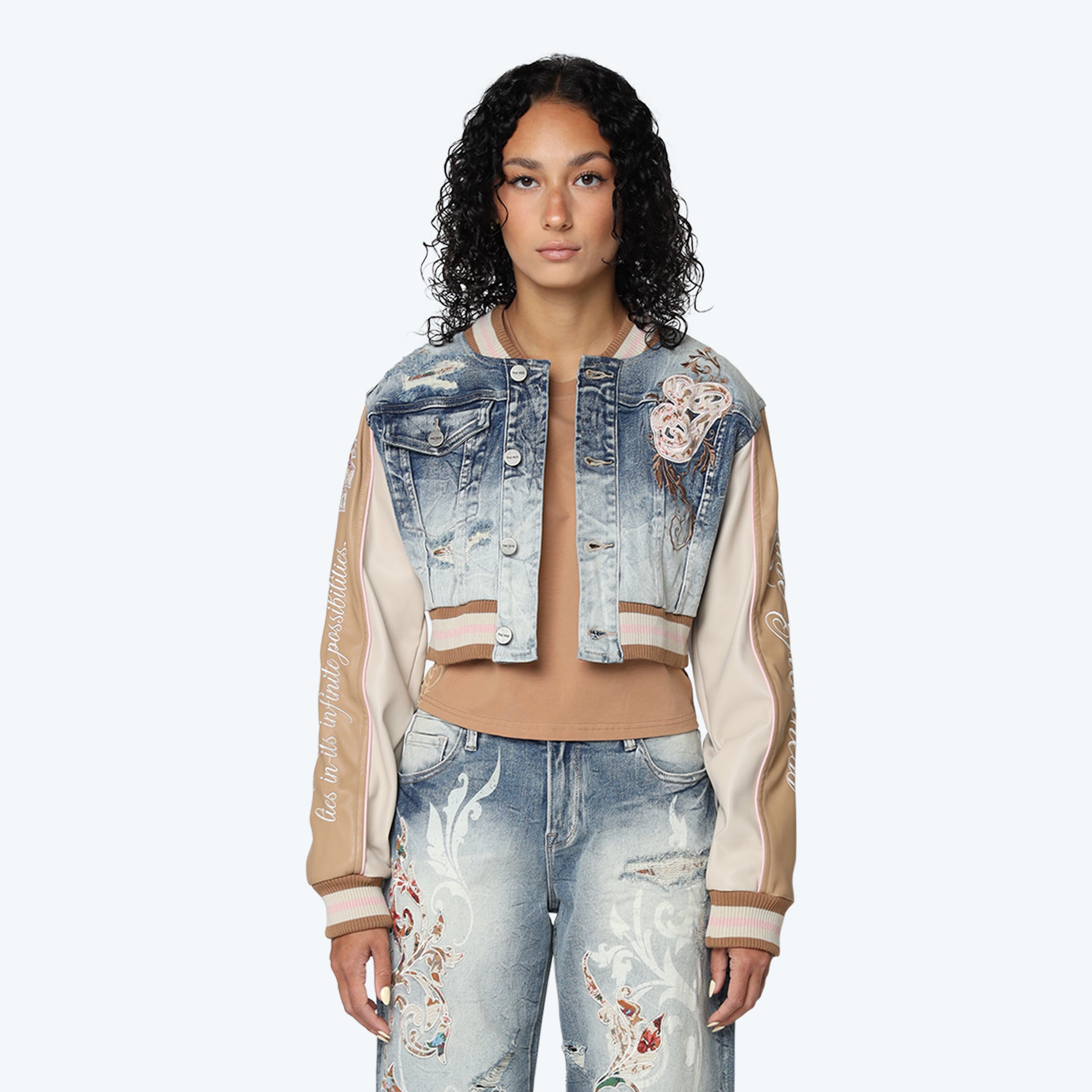 Denim Cropped Varsity Jacket - Rhodes Blue