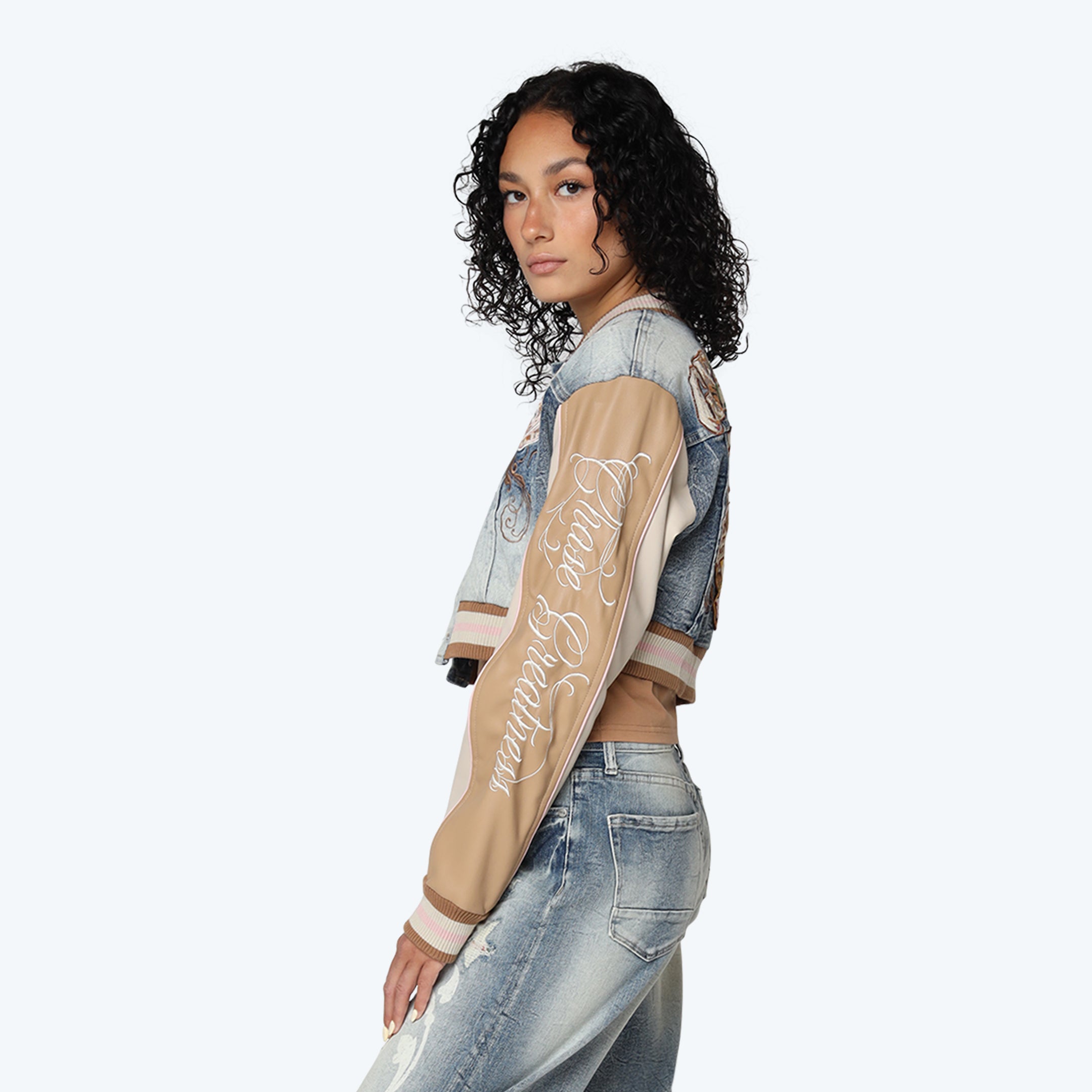 Denim Cropped Varsity Jacket - Rhodes Blue