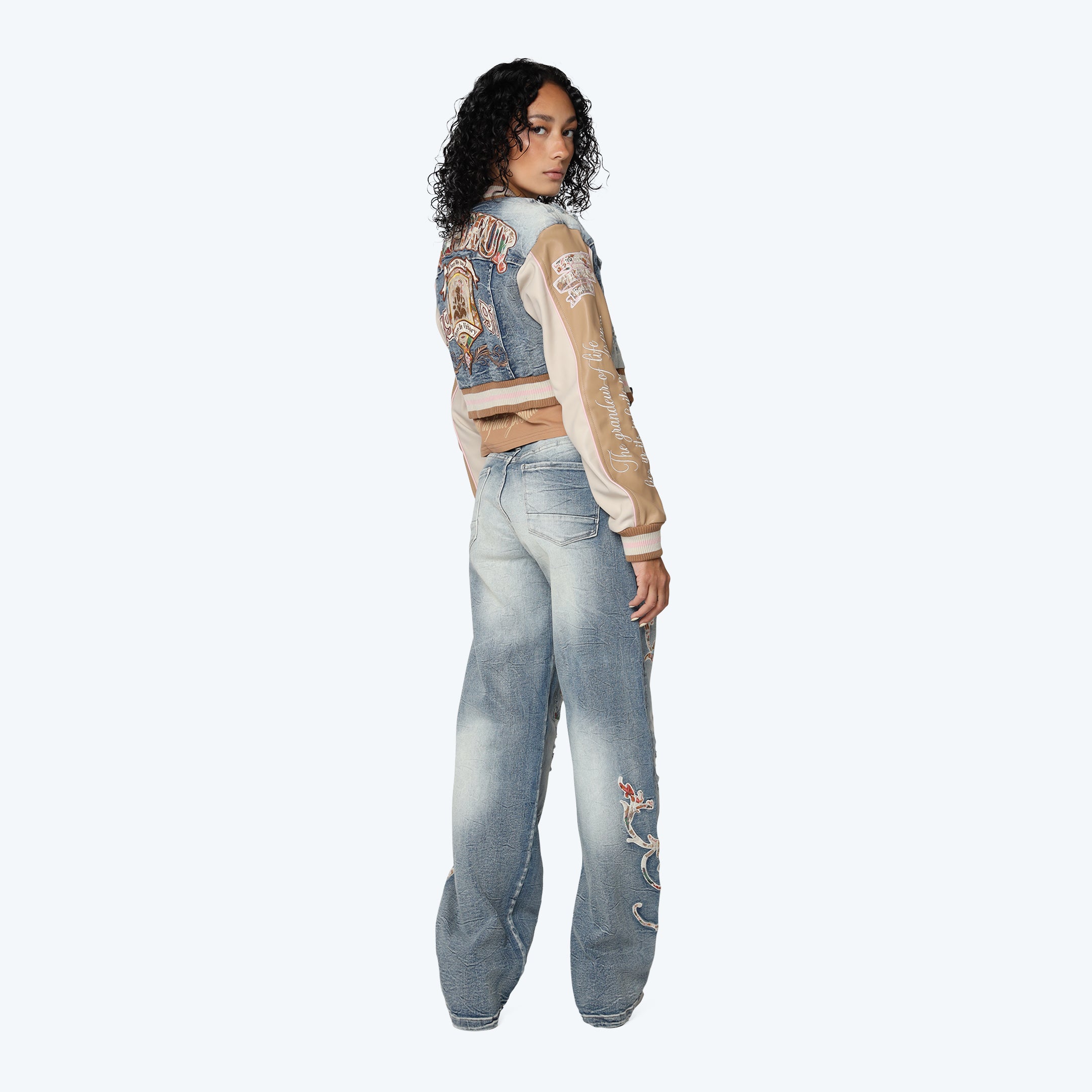 Denim Cropped Varsity Jacket - Rhodes Blue