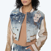 Denim Cropped Varsity Jacket - Rhodes Blue